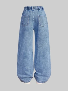Girls' Autumn Cotton Washed Versatile Fashion Casual Comfortable Heart Embroidery Loose Design Full Elastic Waist Blue Washed Wide Leg Denim Jeans - Medium Wash - View 5