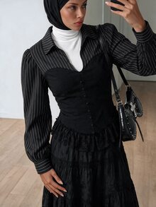 SHEIN ICON 女款街頭風條紋鈕扣蕾絲拼接上衣 - 黑色 - 查看 4