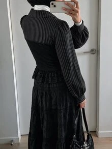 SHEIN ICON 女款街頭風條紋鈕扣蕾絲拼接上衣 - 黑色 - 查看 3
