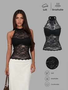 Sweetra Women's Lace Semi-Sheer Back Tie Halter Tank Top, Minimalist Sexy Elegant Style - Black - View 1