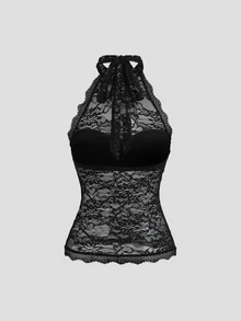 Sweetra Women's Lace Semi-Sheer Back Tie Halter Tank Top, Minimalist Sexy Elegant Style - Black - View 2