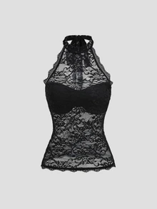 Sweetra Women's Lace Semi-Sheer Back Tie Halter Tank Top, Minimalist Sexy Elegant Style - Black - View 3