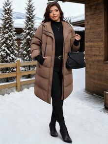 Reflora Plus Size Mid-Length Side Slit Hooded Winter Coat - Brown - View 5
