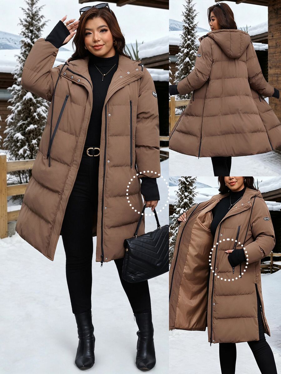 Reflora Plus Size Mid-Length Side Slit Hooded Winter Coat - Brown - View 1