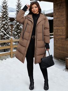 Reflora Plus Size Mid-Length Side Slit Hooded Winter Coat - Brown - View 4