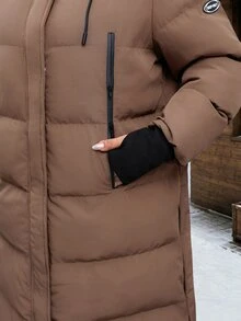 Reflora Plus Size Mid-Length Side Slit Hooded Winter Coat - Brown - View 8