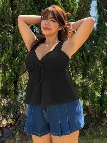 Muchica 大尺碼女款夏季休閒性感迷人黑色心形領抓皺上衣，適合早午餐與度假 - 黑色 - 查看 5