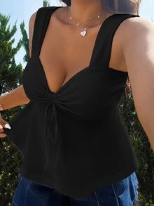 Muchica 大尺碼女款夏季休閒性感迷人黑色心形領抓皺上衣，適合早午餐與度假 - 黑色 - 查看 3