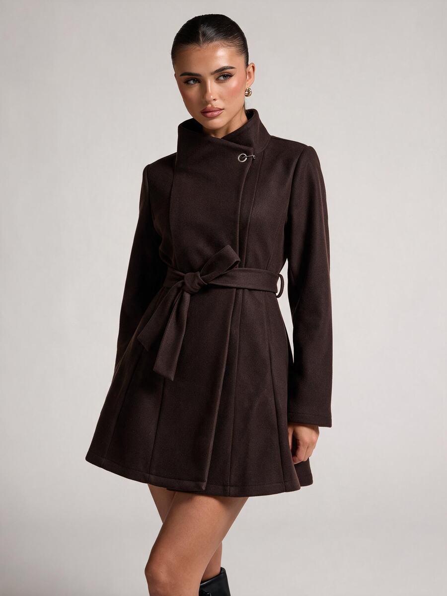 SHEIN BAE Solid Color Versatile Stand Collar Metal Button Design Minimalist Premium Casual Overcoat - Chocolate Brown - View 1