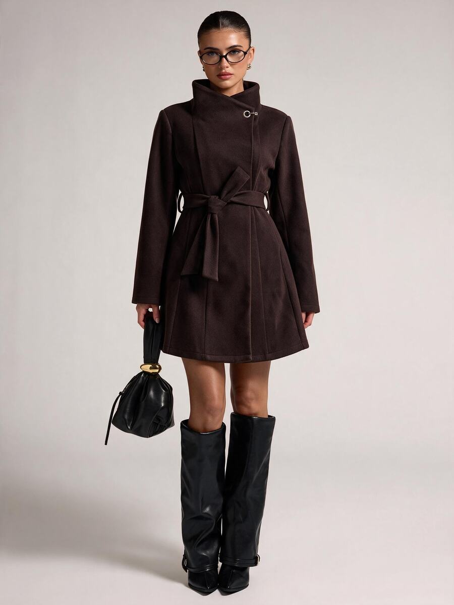 SHEIN BAE Solid Color Versatile Stand Collar Metal Button Design Minimalist Premium Casual Overcoat - Chocolate Brown - View 1