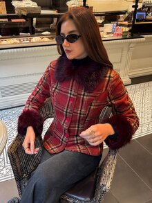 Aloruh 女款秋冬聖誕紅格紋拼接人造毛皮夾克 - 紅色 - 查看 2