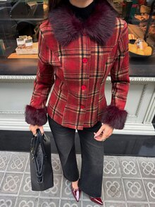 Aloruh 女款秋冬聖誕紅格紋拼接人造毛皮夾克 - 紅色 - 查看 5