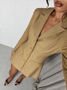 Glamine Women Lapel Khaki Button Blazer Dress, Long Sleeve Slim Fit Pocket Suit Coat, Fall Business Casual Business Professional Evening Office Work Party - Brown - View 6