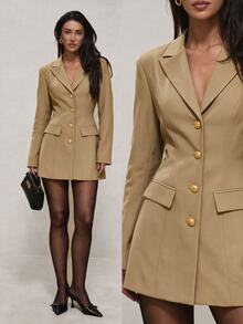Glamine Women Lapel Khaki Button Blazer Dress, Long Sleeve Slim Fit Pocket Suit Coat, Fall Business Casual Business Professional Evening Office Work Party - Brown - View 4