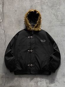 AXEPEAK Men's Long Sleeve Patchwork Fur Hooded Jacket With Airplane Buckle Placket - Black - View 7