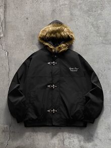 AXEPEAK Men's Long Sleeve Patchwork Fur Hooded Jacket With Airplane Buckle Placket - Black - View 5