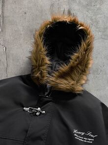 AXEPEAK Men's Long Sleeve Patchwork Fur Hooded Jacket With Airplane Buckle Placket - Black - View 4