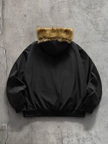 AXEPEAK Men's Long Sleeve Patchwork Fur Hooded Jacket With Airplane Buckle Placket - Black - View 2
