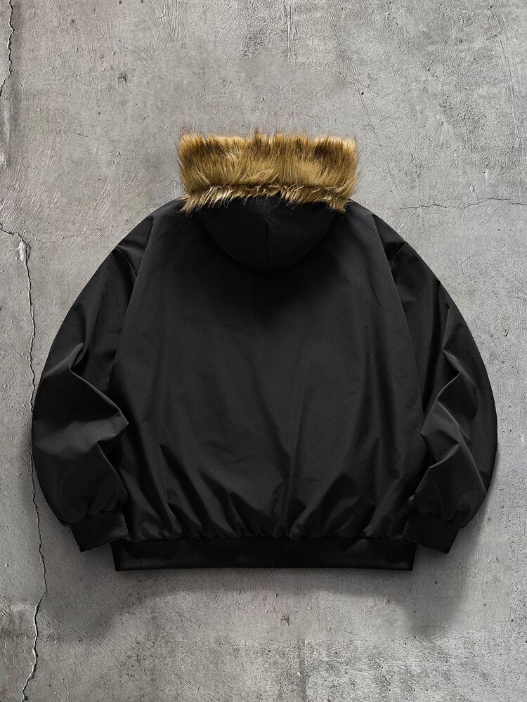 AXEPEAK Men's Long Sleeve Patchwork Fur Hooded Jacket With Airplane Buckle Placket - Black - View 2