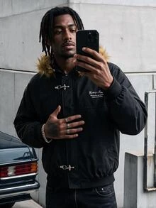 AXEPEAK Men's Long Sleeve Patchwork Fur Hooded Jacket With Airplane Buckle Placket - Black - View 1
