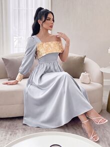 Modelyn 女士拼色不对称领拼接连衣裙，优雅晚会礼服长款晚礼服 - 淺灰色 - 查看 1