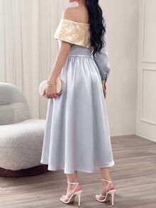 Modelyn 女士拼色不对称领拼接连衣裙，优雅晚会礼服长款晚礼服 - 淺灰色 - 查看 2