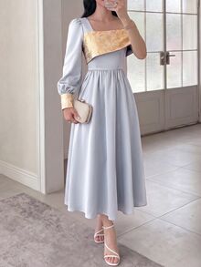 Modelyn 女士拼色不对称领拼接连衣裙，优雅晚会礼服长款晚礼服 - 淺灰色 - 查看 5