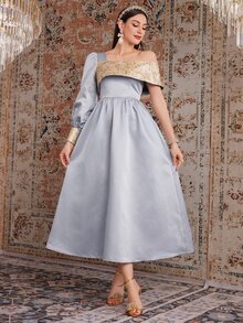 Modelyn 女士拼色不对称领拼接连衣裙，优雅晚会礼服长款晚礼服 - 淺灰色 - 查看 10