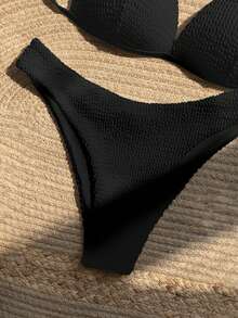 SHEIN Swim 珍珠細節掛脖三角杯比基尼泳裝 - 黑色 - 查看 6