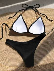 SHEIN Swim 珍珠細節掛脖三角杯比基尼泳裝 - 黑色 - 查看 3