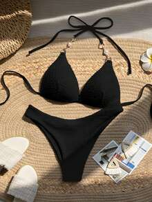 SHEIN Swim 珍珠細節掛脖三角杯比基尼泳裝 - 黑色 - 查看 5
