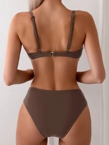 SHEIN Swim 女款素色性感抓皺比基尼套裝，夏季海灘 - 咖啡棕 - 查看 2