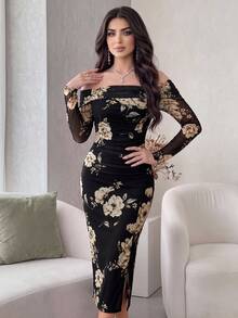 Modelyn Asymmetrical Neck Floral Print Split Hem Ruched Side Mesh Date Night Bodycon Dress - Multicolor - View 1