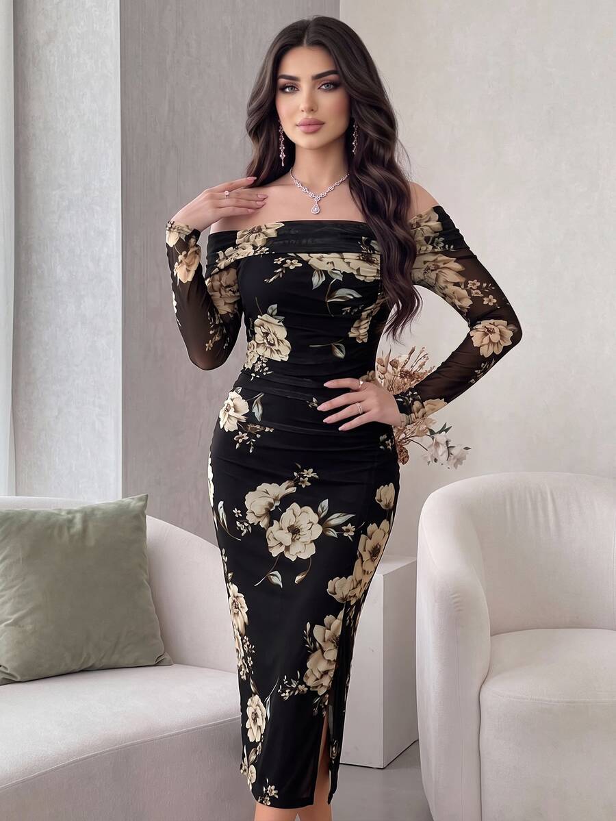Modelyn Asymmetrical Neck Floral Print Split Hem Ruched Side Mesh Date Night Bodycon Dress - Multicolor - View 1