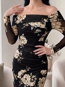 Modelyn Asymmetrical Neck Floral Print Split Hem Ruched Side Mesh Date Night Bodycon Dress - Multicolor - View 4