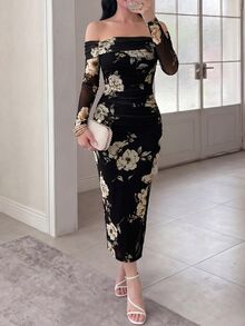 Modelyn Asymmetrical Neck Floral Print Split Hem Ruched Side Mesh Date Night Bodycon Dress - Multicolor - View 5