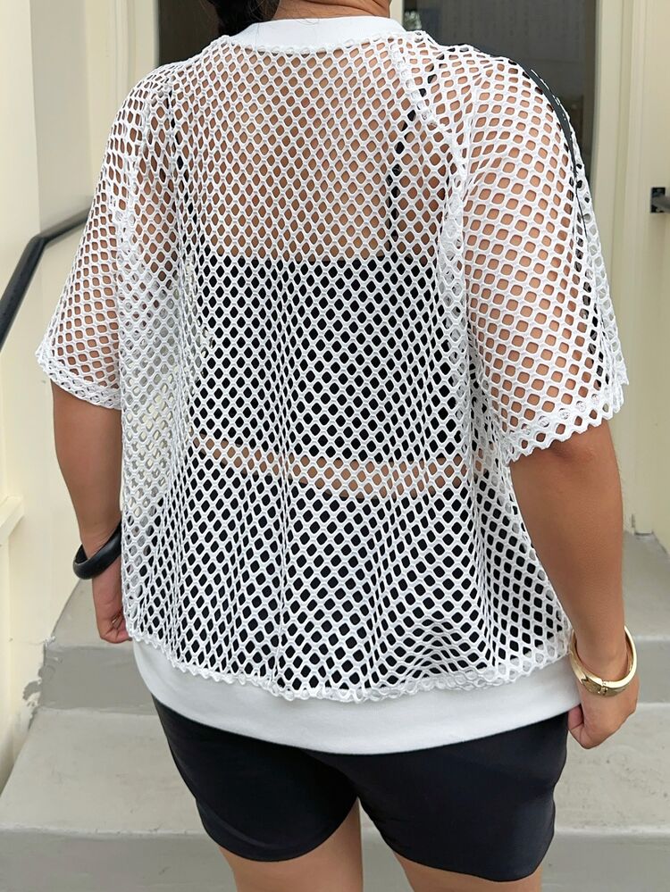 Muchica Plus Size White Summer Gothic Loose Fit Mesh Tops,Ribbed Knit Round Neck Perforated Net T-Shirt Athletic Tape Accent,Streetwear Cover Up Club - Multicolor - View 3