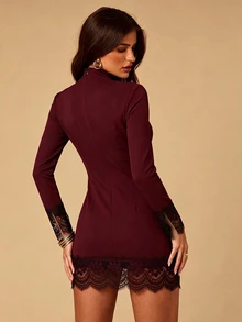 SHEIN BAE Spring/Autumn Black High Neck Hollow Metal Button Lace Trim Bodycon Long Sleeve Mini Dress / Sexy Hot - Maroon - View 2