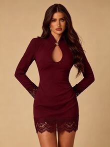 SHEIN BAE Spring/Autumn Black High Neck Hollow Metal Button Lace Trim Bodycon Long Sleeve Mini Dress / Sexy Hot - Maroon - View 6