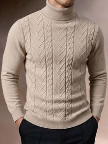 Manfinity CasualKnits 男士秋冬麻花編織高領長袖毛衣，Ins風，華麗派對，街頭成熟，寬鬆版型，酒紅秋季，正式 - 彩色 - 查看 2