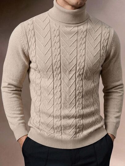 Manfinity Homme Men's Autumn/Winter Cable Knit Turtleneck Long Sleeve Sweater , Ins Style, Glamorous Party, Street Mature, Loose Fit Sweater Maroo Autumn, Formal,