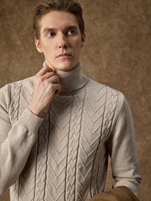Manfinity CasualKnits 男士秋冬麻花編織高領長袖毛衣，Ins風，華麗派對，街頭成熟，寬鬆版型，酒紅秋季，正式 - 彩色 - 查看 3