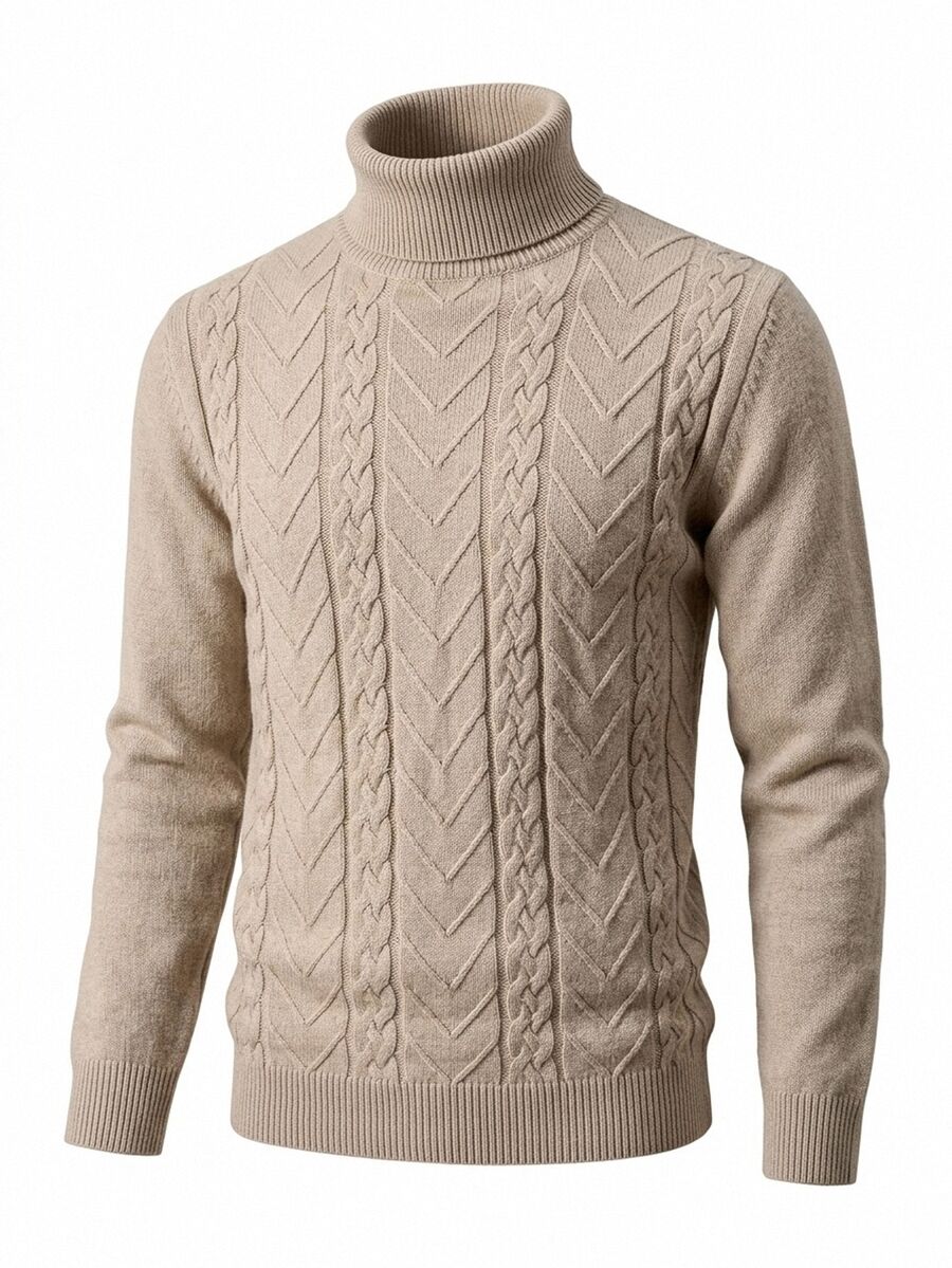 Manfinity CasualKnits 男士秋冬麻花編織高領長袖毛衣,Ins風,華麗派對,街頭成熟,寬鬆版型,酒紅秋季,正式 - 彩色 - 查看 1