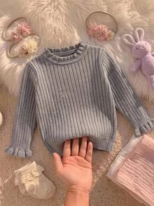 SHEIN 女嬰幼兒針織長袖套頭毛衣，荷葉領羅紋領口，白色/奶油色純色，適合秋冬，時尚百搭，適用日常穿著、外出與旅行 - 淺灰色 - 查看 9