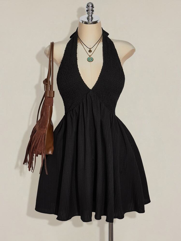 SHEIN ICON Plus Size Black Woven Drawstring Waist A-Line Backless Halter Dress, Suitable For Summer, Vacation, Daily Wear, Y2K Sexy Boho, Back To School, Beach - Black - View 2