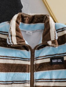 SHEIN 女童柔軟蓬鬆條紋抓絨夾克，保暖毛絨拉鍊立領外套，聖誕日常穿搭，附女童字母貼布繡與側口袋 - 卡其色 - 查看 4