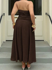 Muchica Plus Size Brown Solid Minimalist Casual Tube Dress - Brown - View 6