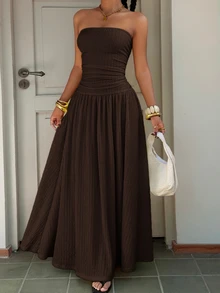 Muchica Plus Size Brown Solid Minimalist Casual Tube Dress - Brown - View 7