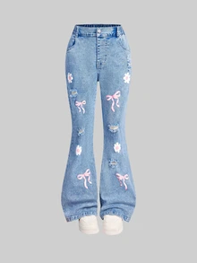 SHEIN Girls' Jeans Fall/Autumn Winter Cotton Washed Versatile Fashion Casual Floral Bow All-Season Wear Vacation Back To School Blue Washed Flare Leg Denim - Medium Wash - View 6