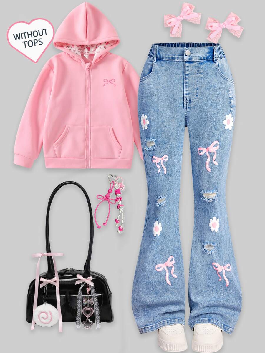 SHEIN Girls' Jeans Fall/Autumn Winter Cotton Washed Versatile Fashion Casual Floral Bow All-Season Wear Vacation Back To School Blue Washed Flare Leg Denim - Medium Wash - View 1